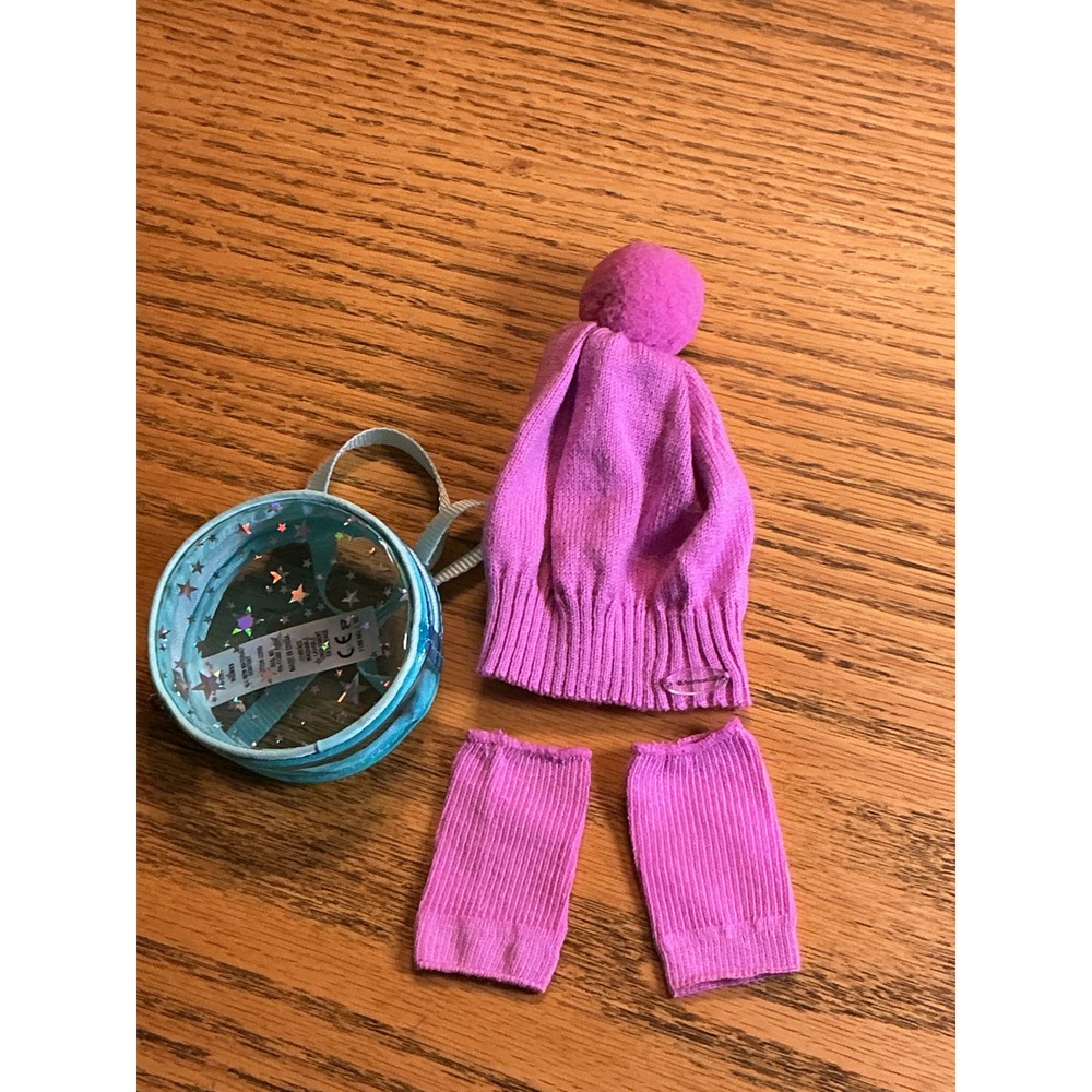 American Girl Doll Pink Knit Beanie Leg Warmers and Star Clear Backpack Set